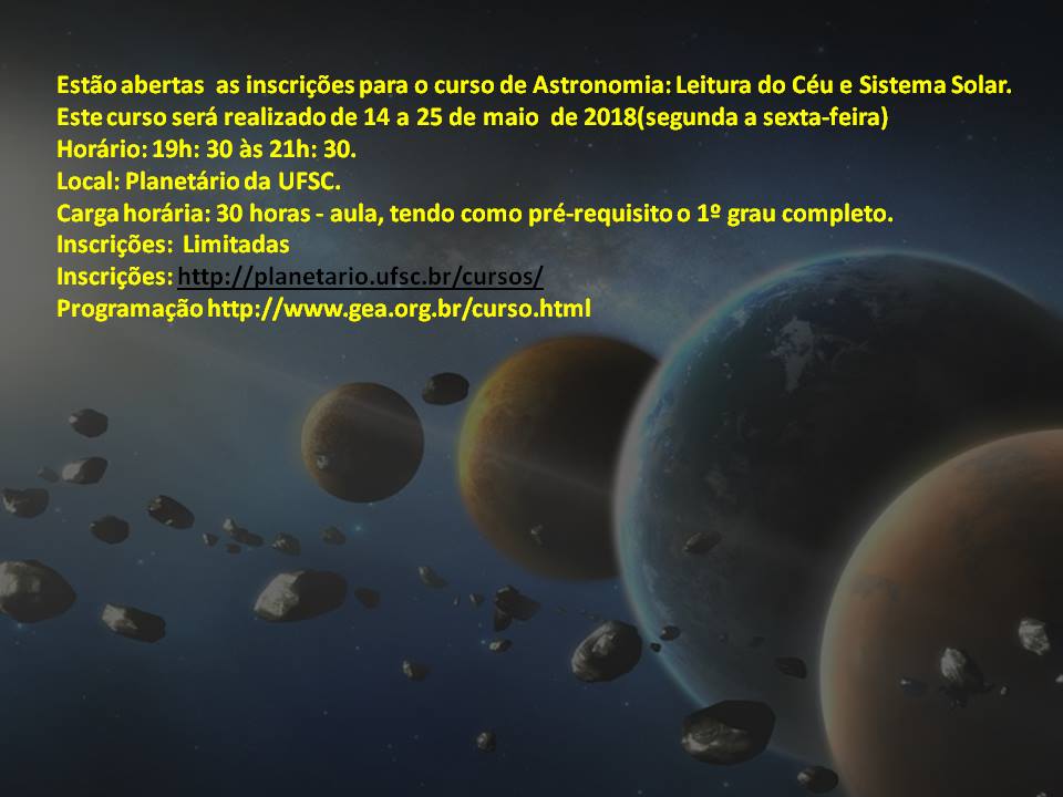 Curso de Astronomia Leitura do Céu e Sistema Solar, 14 a 25/05/18