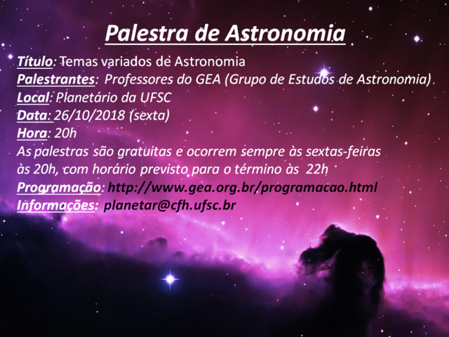 Palestra de Astronomia: "Temas variados de Astronomia" (26/10/18)