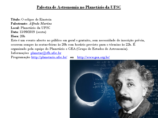 Palestra de Astronomia: "O eclipse de Einstein?" (13/09/19)