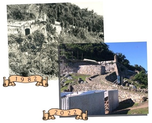 Na década de 1980, mutirão de limpeza revelou a rampa de acesso da fortificação, que hoje passa por novo restauro. Fotos: Edinice Mei Silva/fortalezas.org e Jaci Valdemiro Nunes