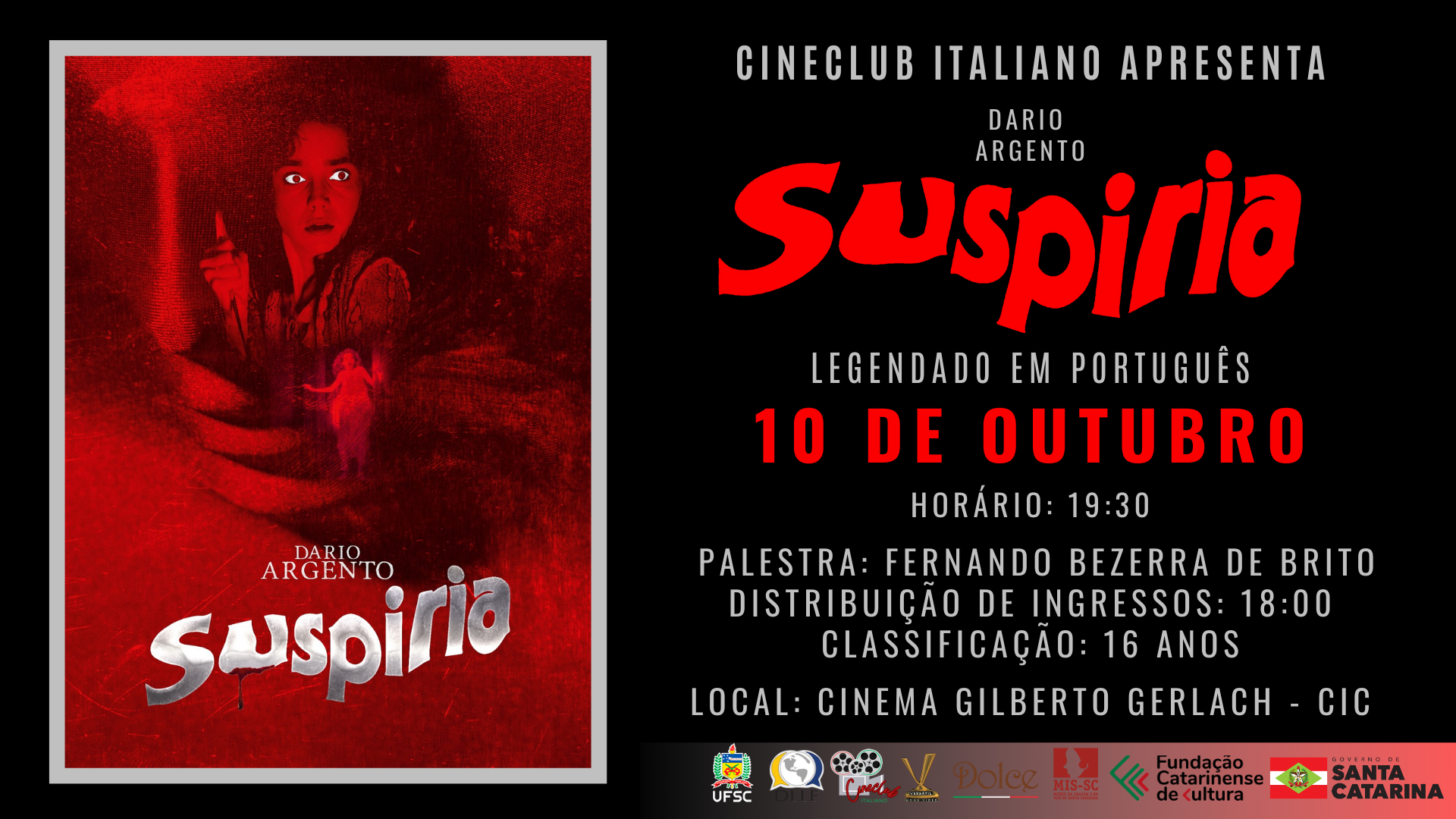 Cineclub Italiano | 'Suspiria' @ Sala de Cinema Gilberto Gerlach | Cinema do Centro Integrado de Cultura - CIC