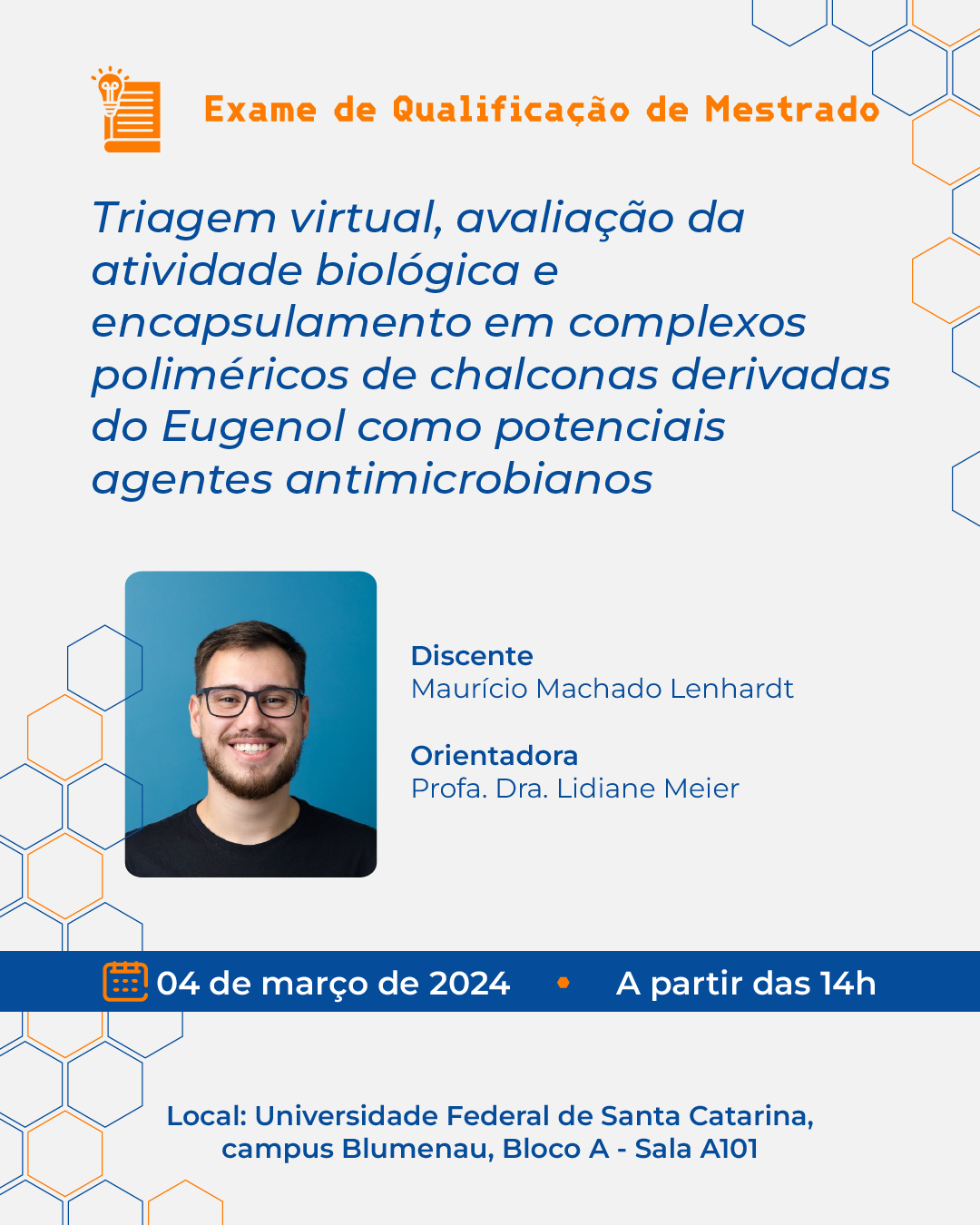 [:BR]QUALIFICAÇÃO: Triagem virtual, avaliação da atividade biológica e encapsulamento em complexos poliméricos de chalconas derivadas do Eugenol como potenciais agentes antimicrobianos[:US]QUALIFICAÇÃO: Preparação de filmes poliméricos incorporados com antocianinas derivadas de amoras para aplicação em embalagens inteligentes para alimentos[:PE]QUALIFICAÇÃO: Preparação de filmes poliméricos incorporados com antocianinas derivadas de amoras para aplicação em embalagens inteligentes para alimentos[:] @ Sala A101 - Universidade Federal de Santa Catarina, campus Blumenau, Bloco A