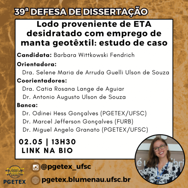 DISSERTAÇÃO: Lodo proveniente de ETA desidratado com emprego de manta geotêxtil: estudo de caso @ Videoconferência